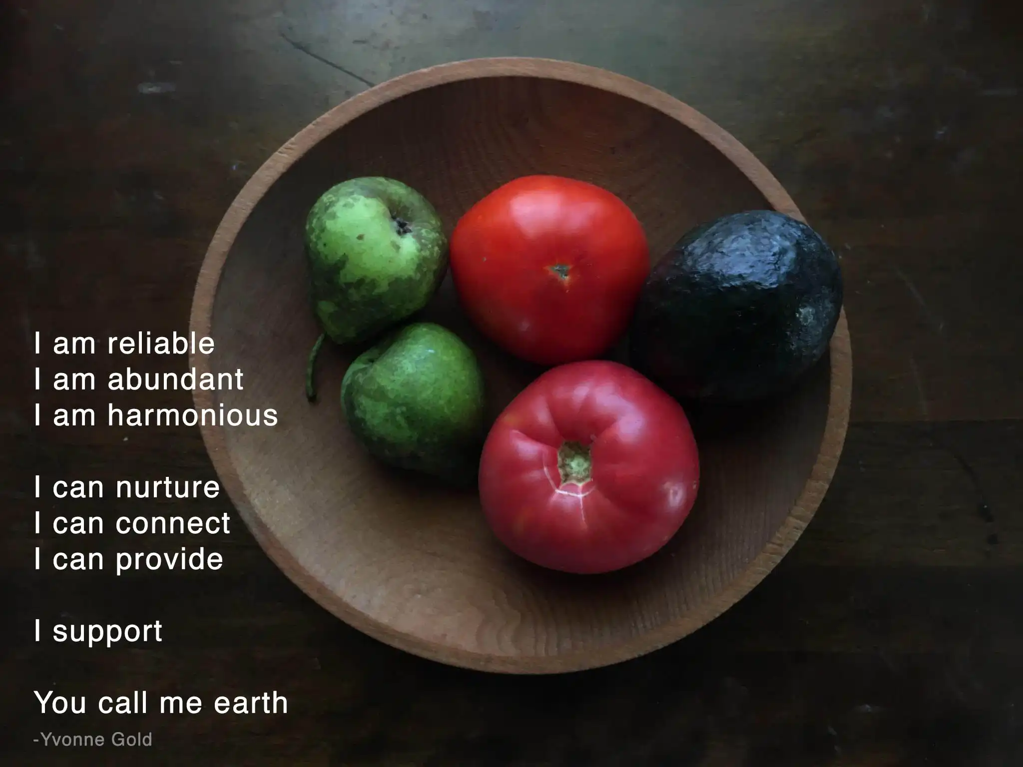 A bowl of fruit inscibed with a poem: 'I am reliable, I am abundant, I am harmonious, I can nurture, I can connect, I can provide, I support, You call me earth -Yvonne Gold'