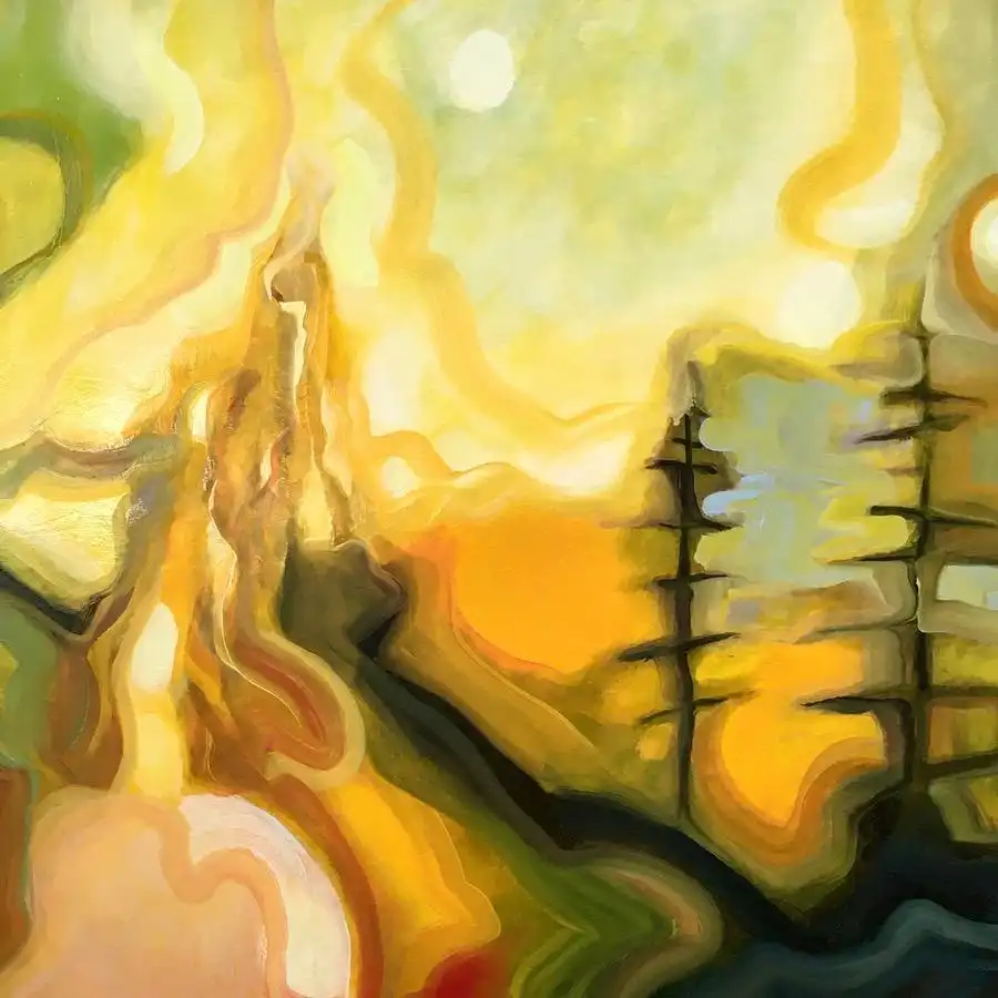 Impressionist forest landscape rendered in yellow hues