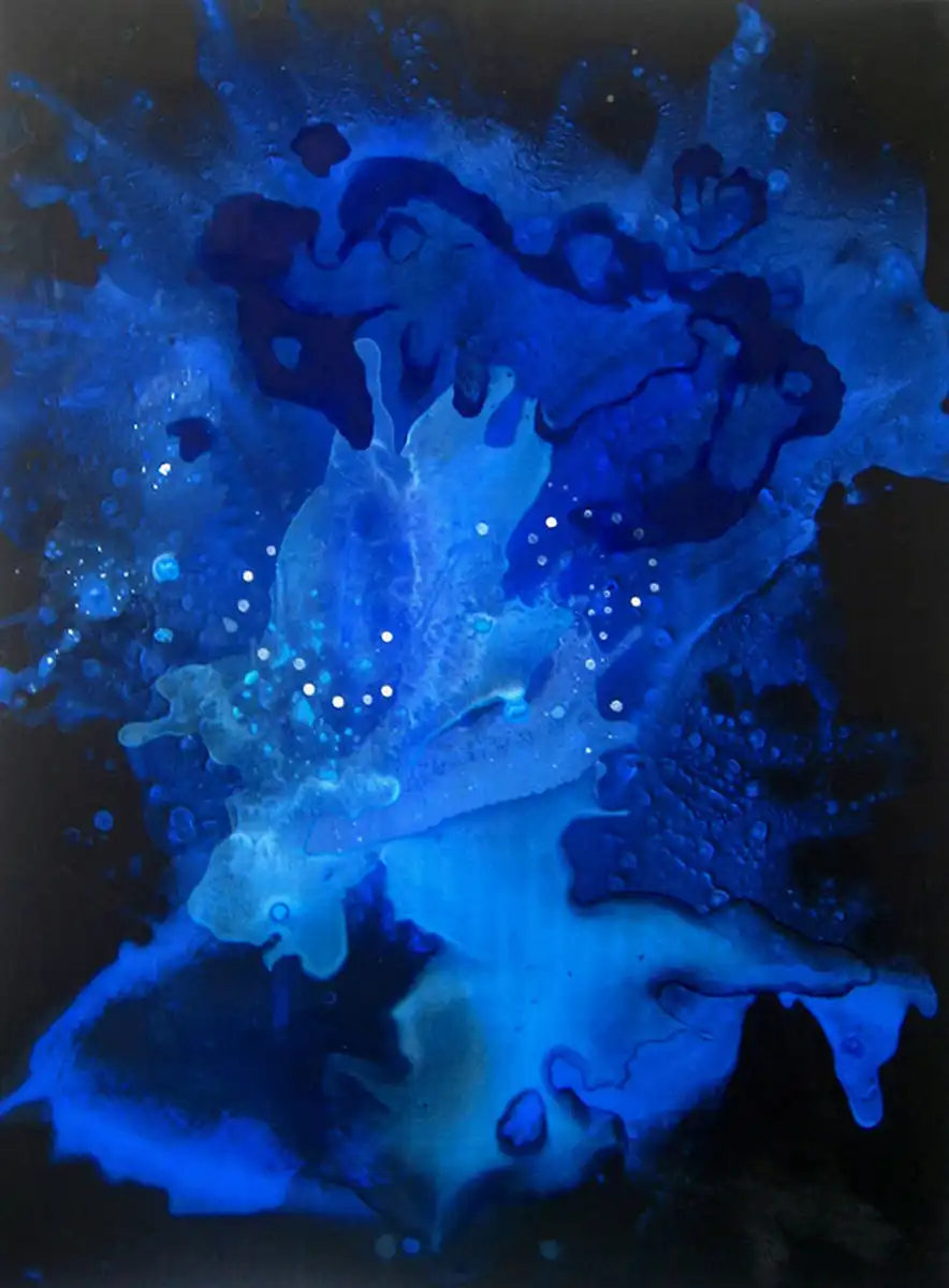 Abstact painting with splashes of blue in various shades and tints.