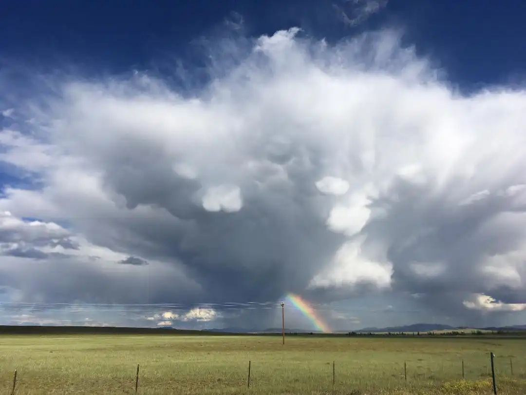 A rain cloud passes over grass field while a rainbow pierces through it.