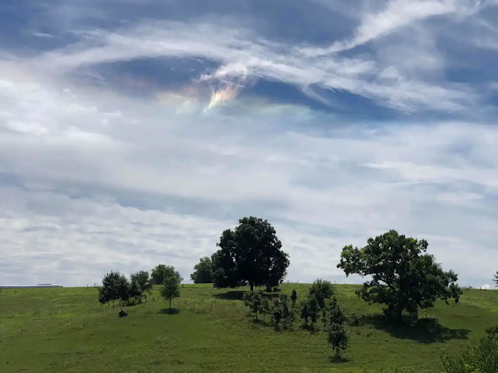 A sky full of wispy clouds and with rainbow colors being emitted from them.