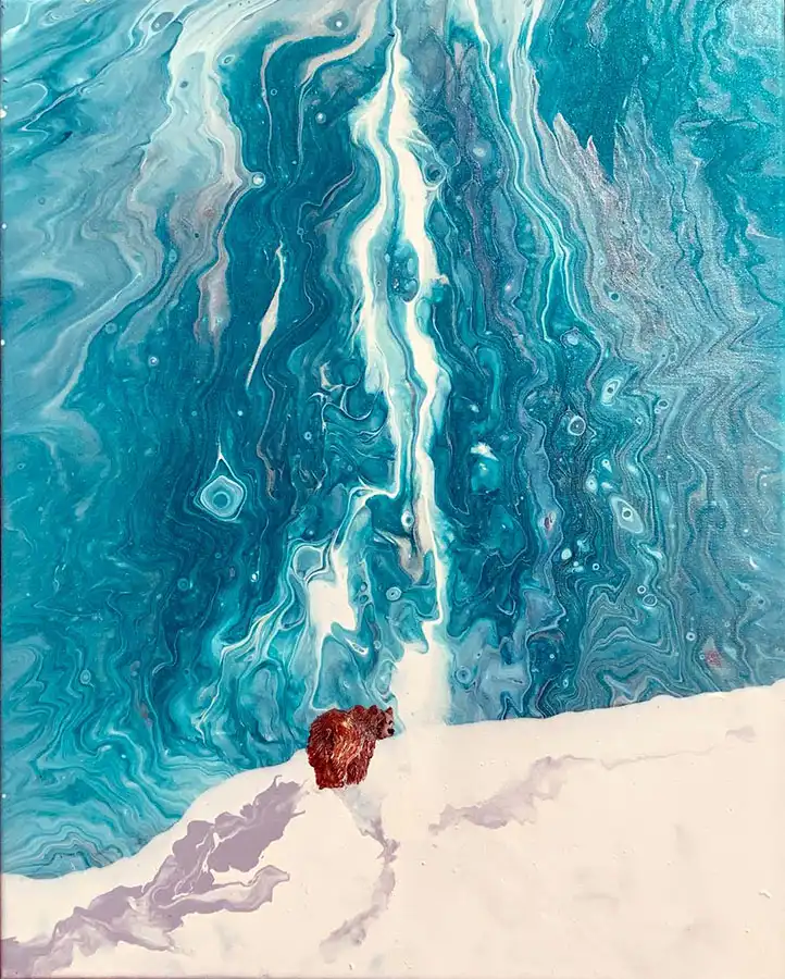 A painting of a brown bear glancing back while standing at a precipice overlooking water