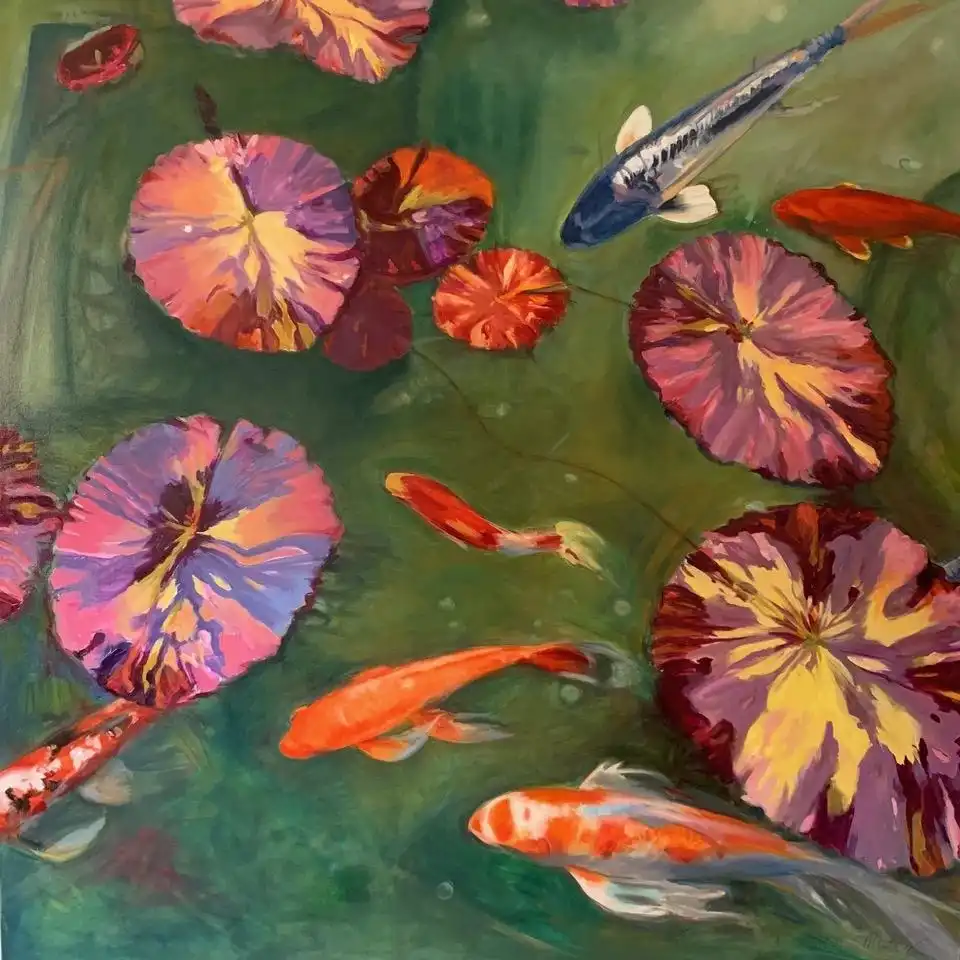 A painting of a koi pond with several varieties of koi fish