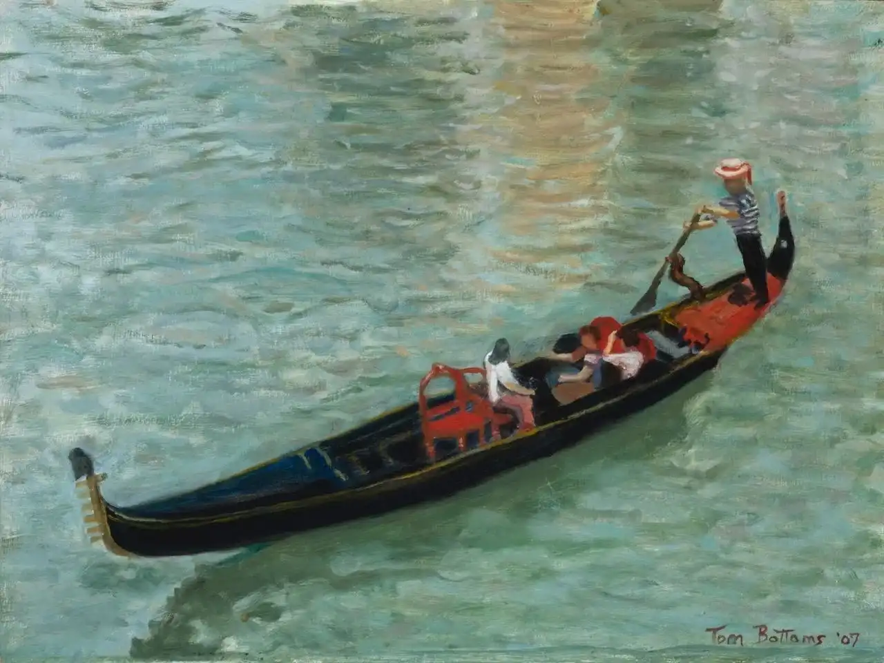 A painting of a gondola on water viewed from above