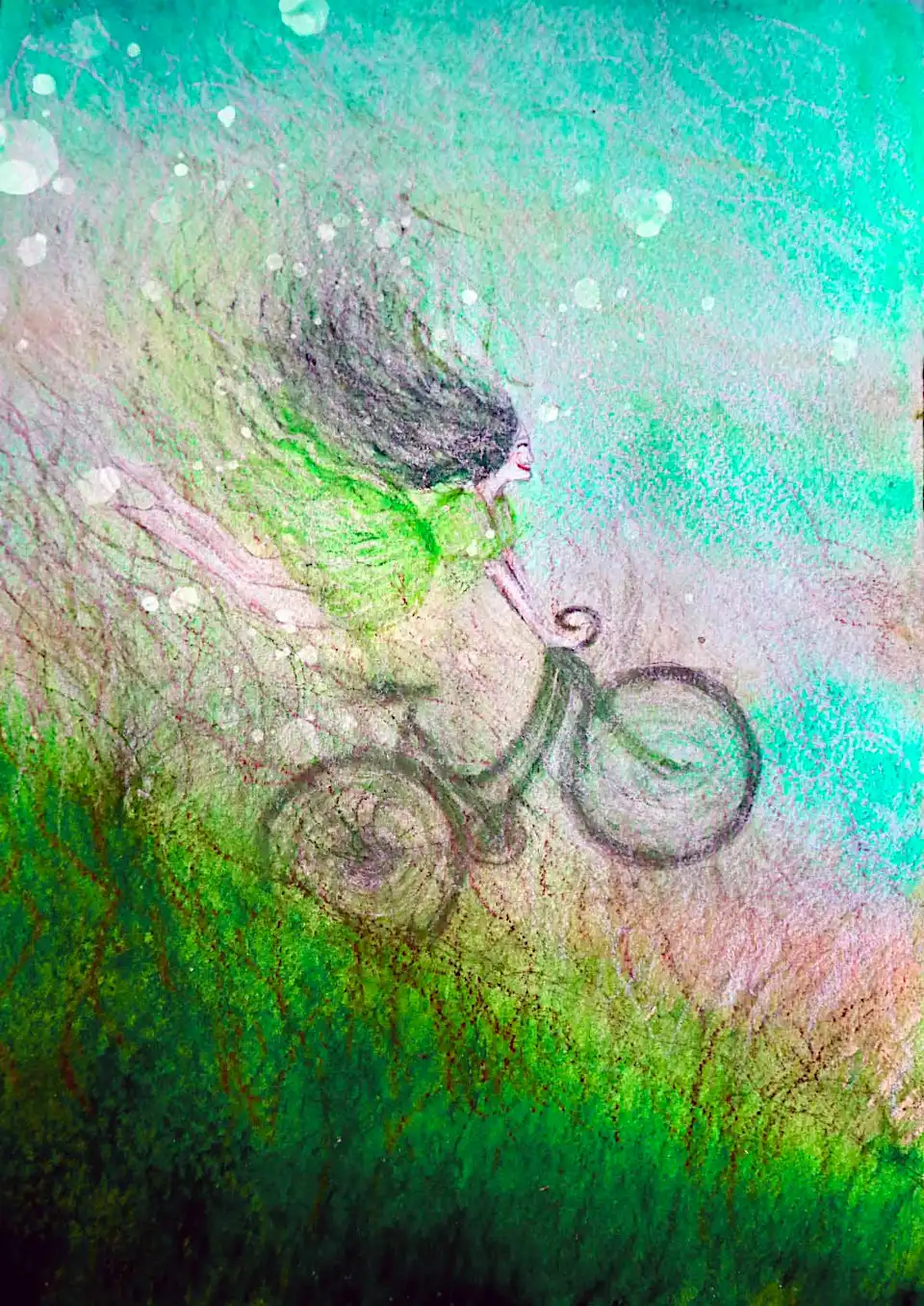 Painting of a woman in a green dress flying down a grassy hill on a bicycle.