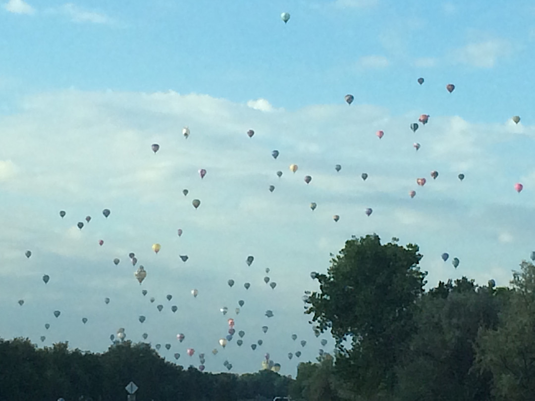 Dozens of colorful hot-air balloons drift into the sky